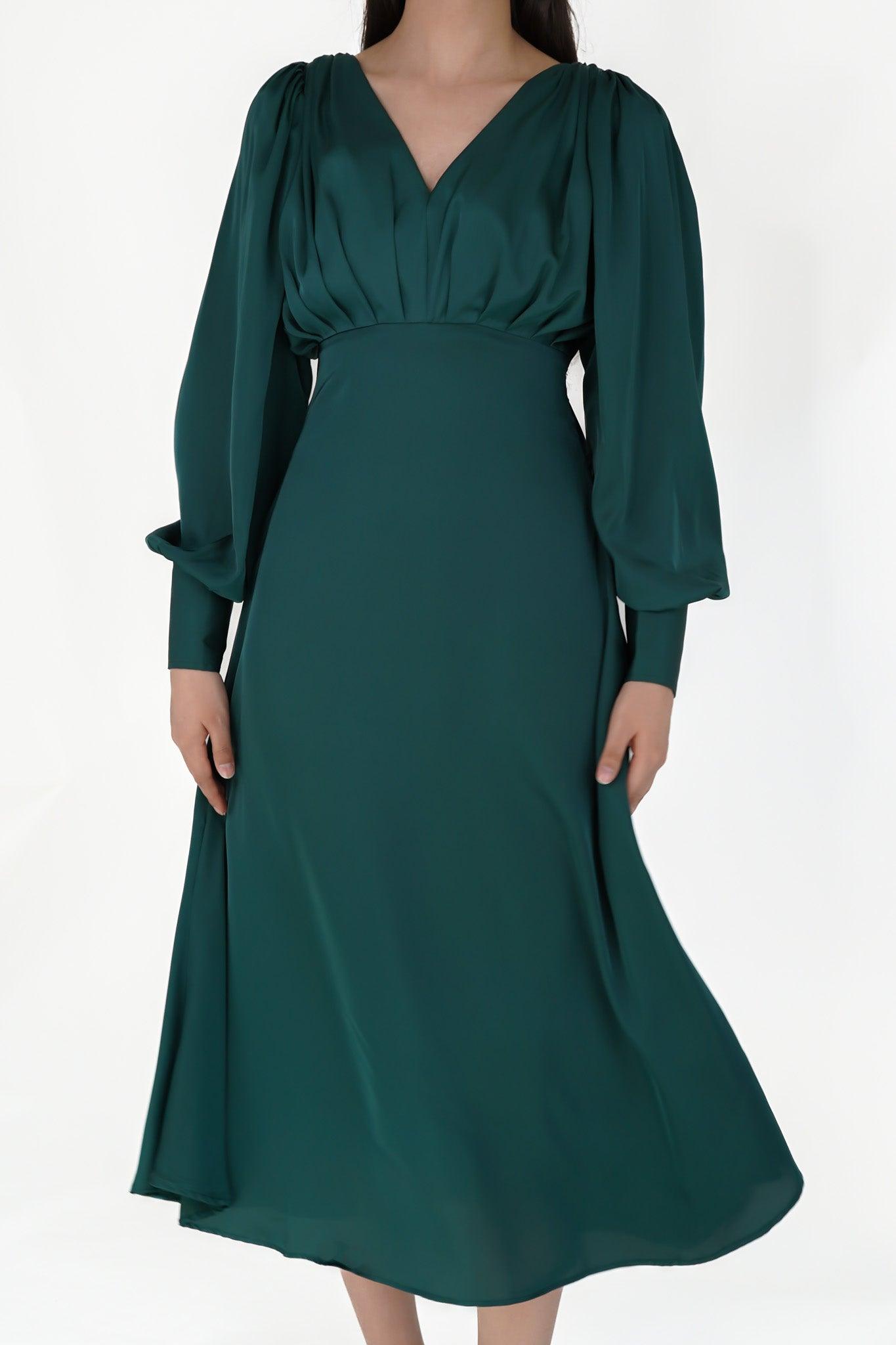 Layla Emerald Green Satin Maxi Dress With Long Sleeves