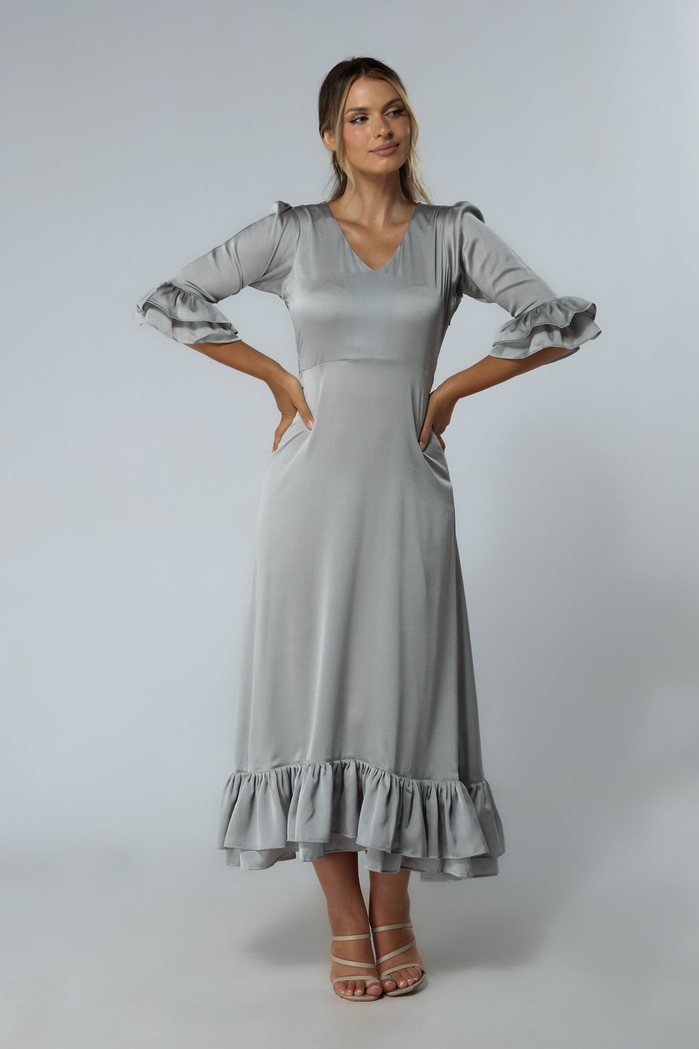 Francesca Satin Silver Midaxi Dress