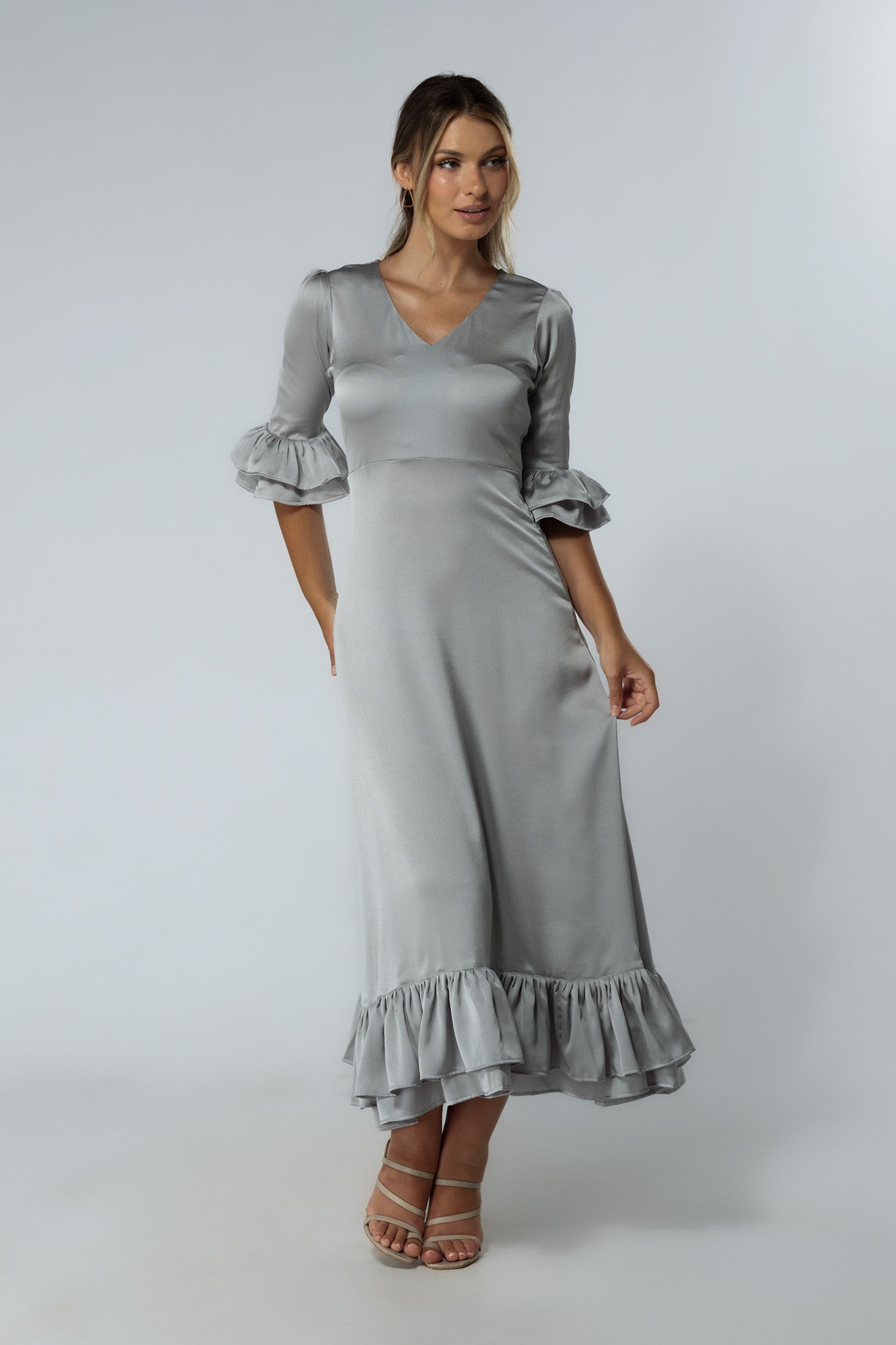 Francesca Satin Silver Midaxi Dress