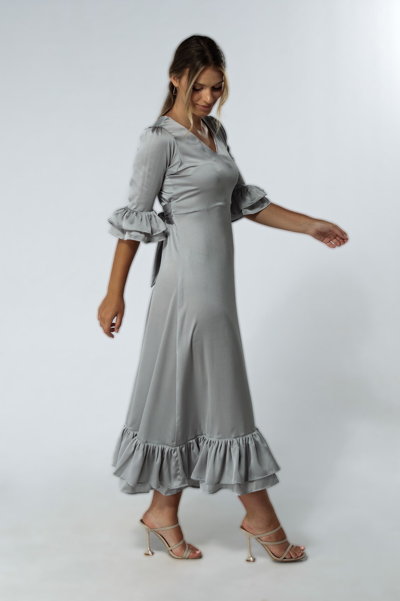 Francesca Satin Silver Midaxi Dress