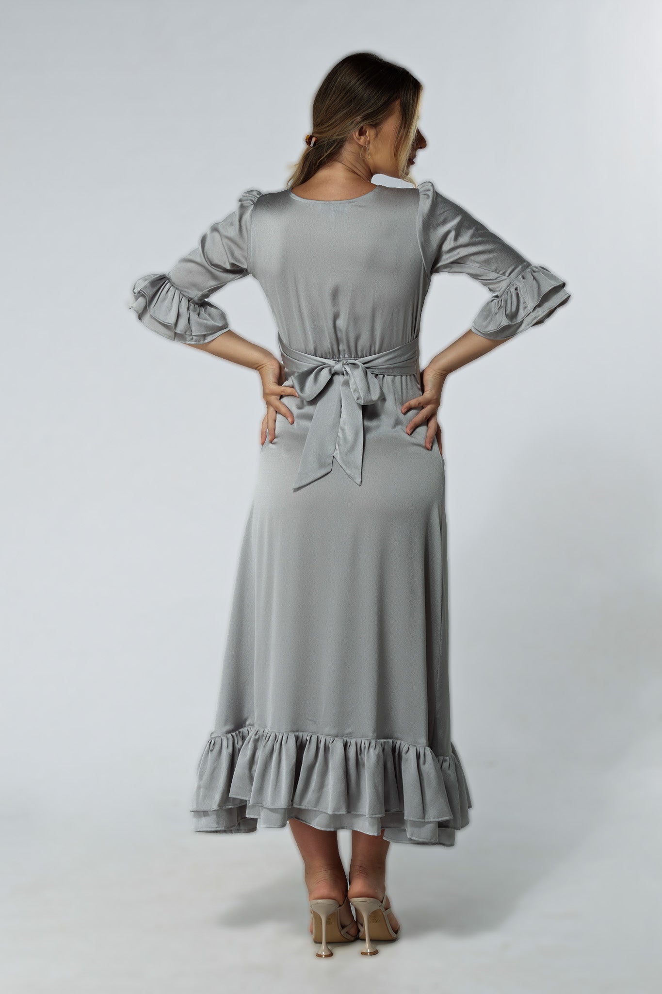 Francesca Satin Silver Midaxi Dress