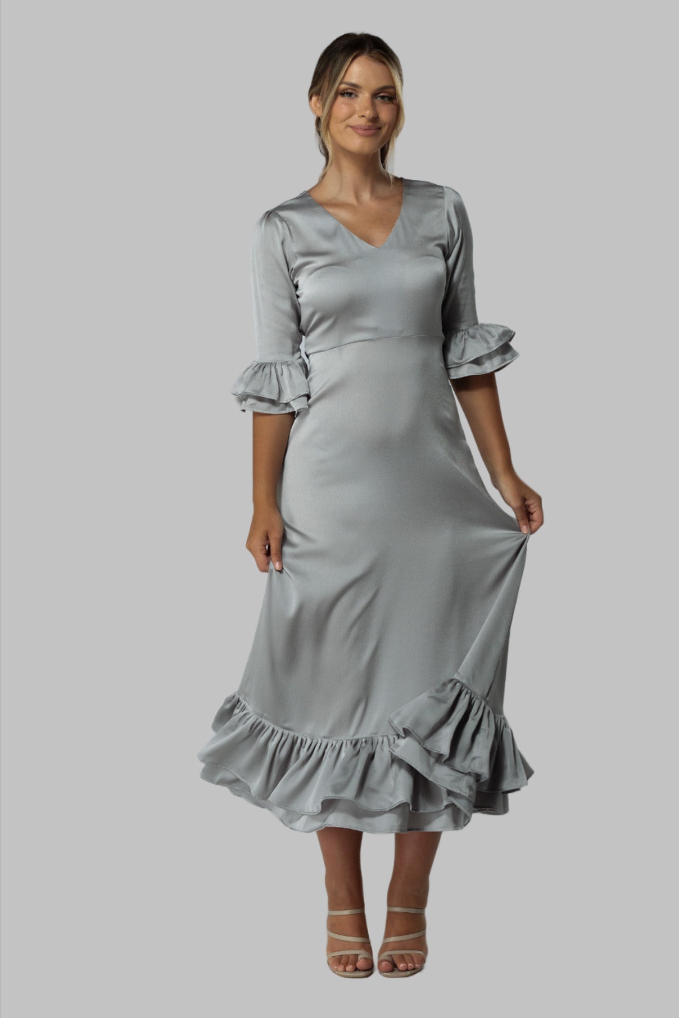 Francesca Satin Silver Midaxi Dress