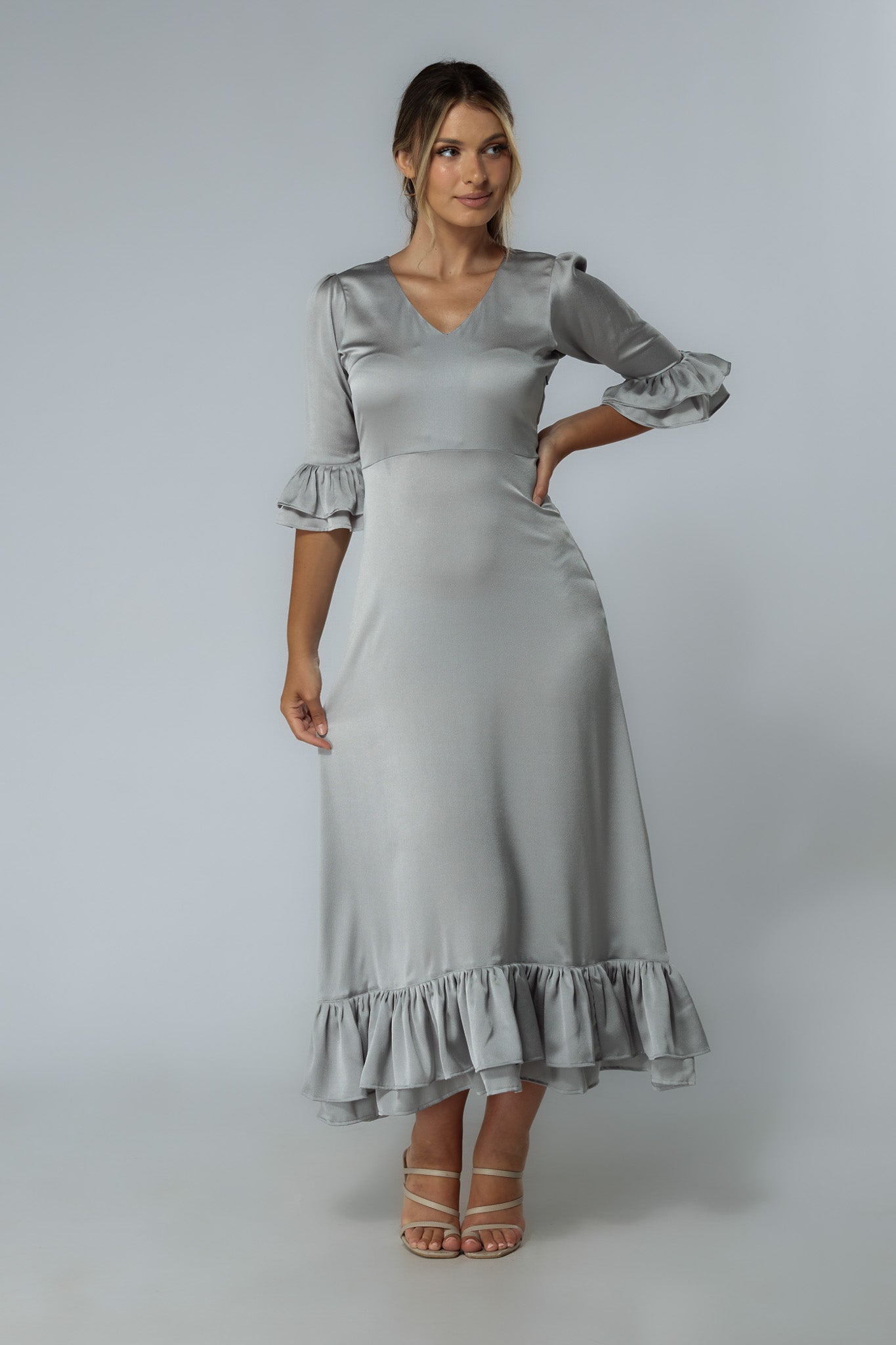 Francesca Satin Silver Midaxi Dress