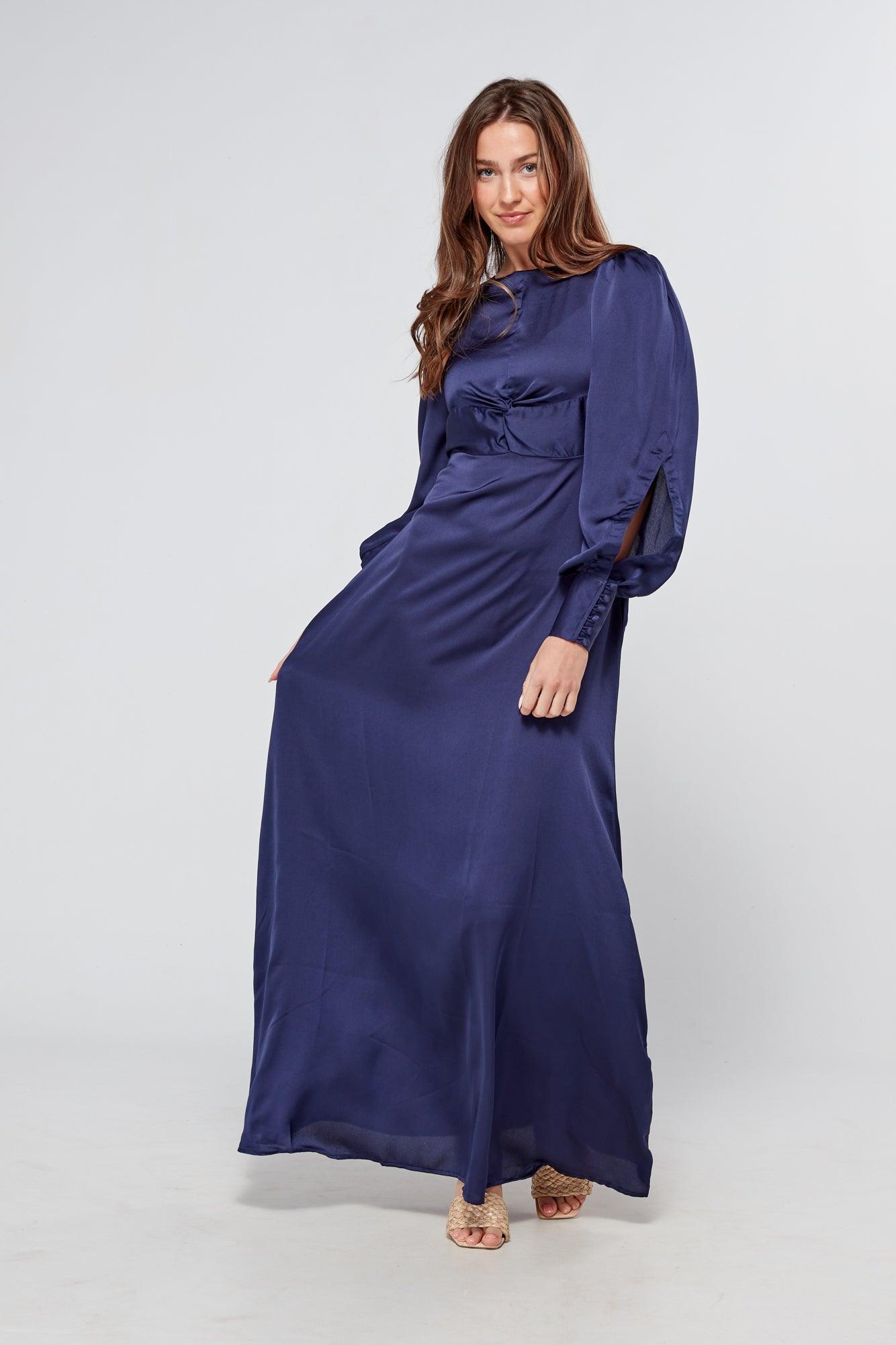 Romy Knotted Front Navy Crepe Maxi Dress TAHLIRA