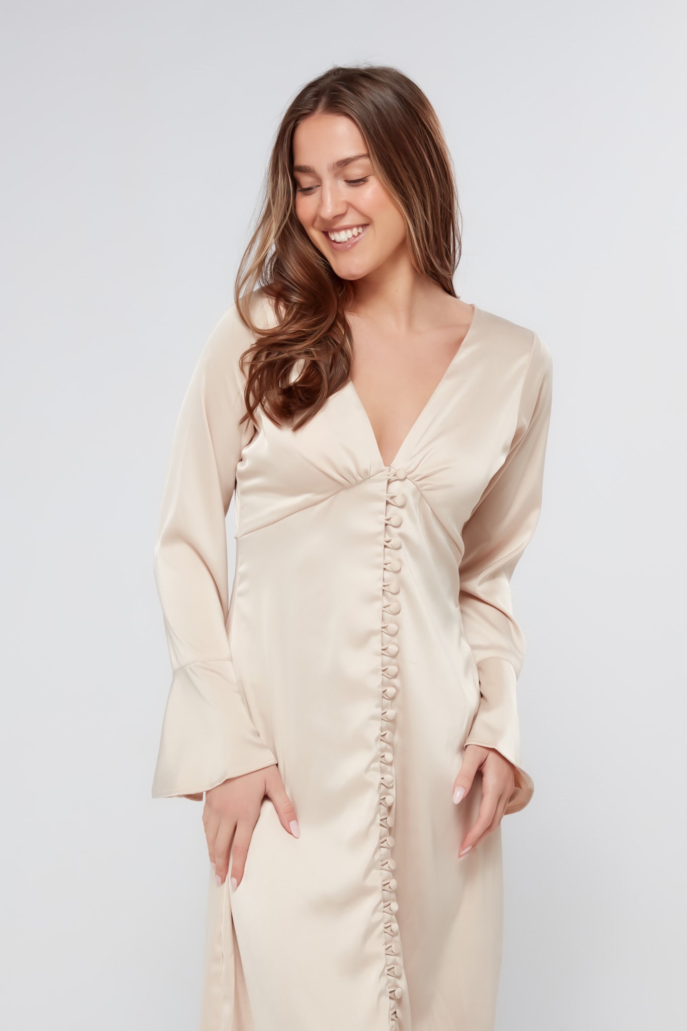 Zulma Matte Champagne Satin Button Front Robe Maxi Dress - TAHLIRA