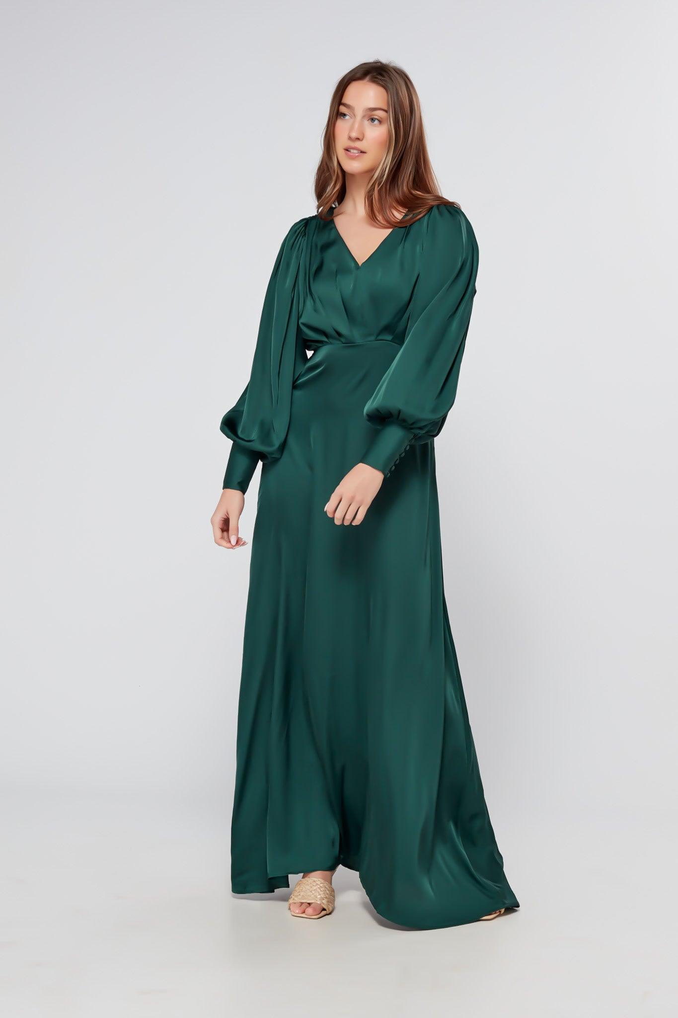 Layla Emerald Green Satin Maxi Dress With Long Sleeves TAHLIRA