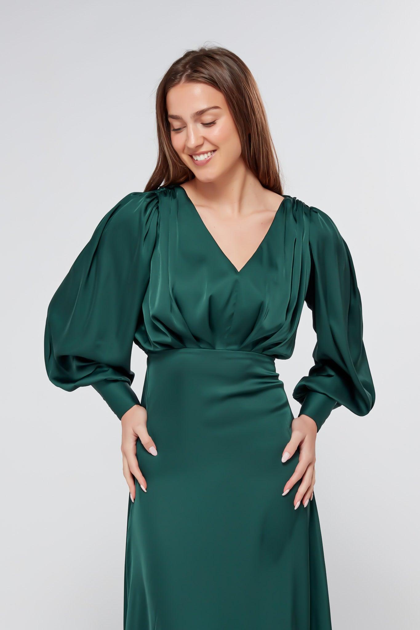 Layla Emerald Green Satin Maxi Dress With Long Sleeves TAHLIRA