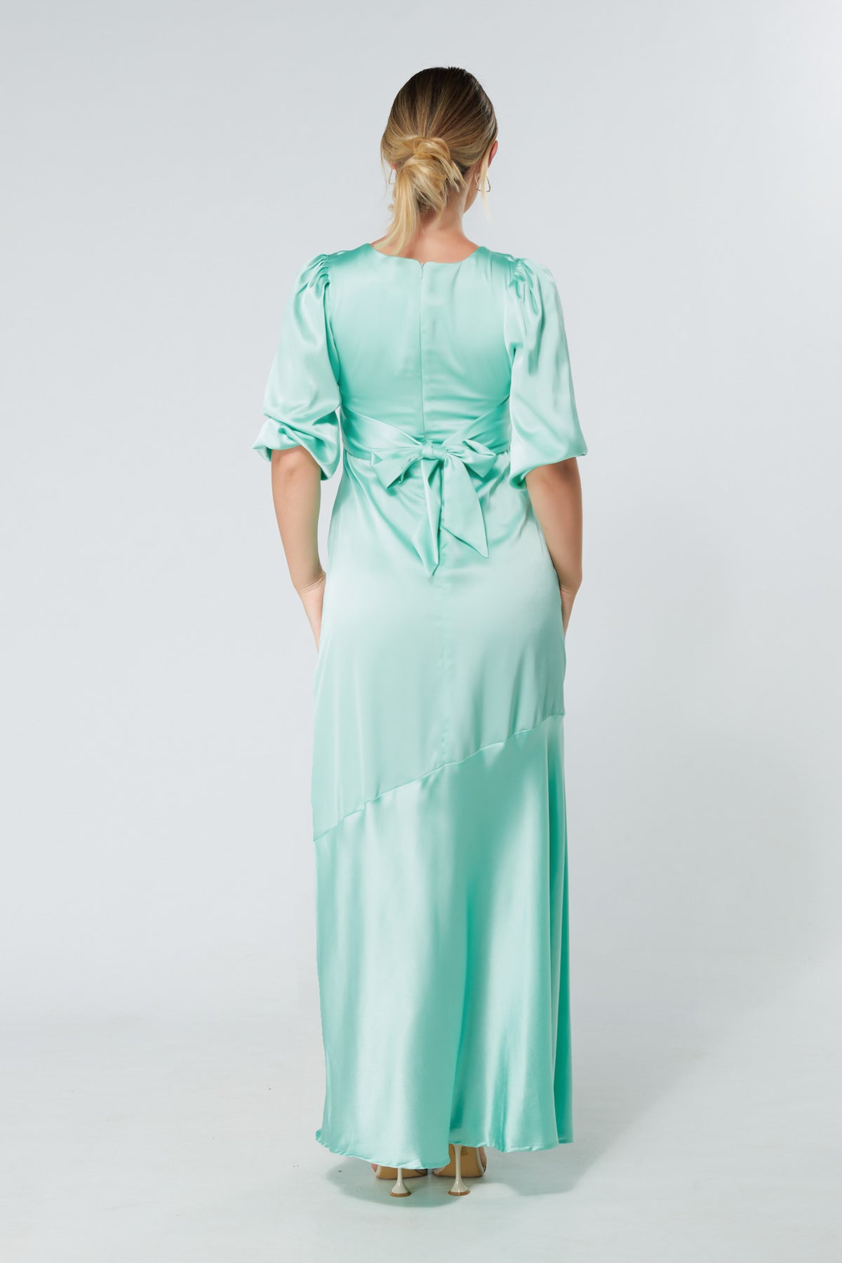 Naomi Aqua Satin-Crepe Maxi Dress With Half Sleeves - TAHLIRA