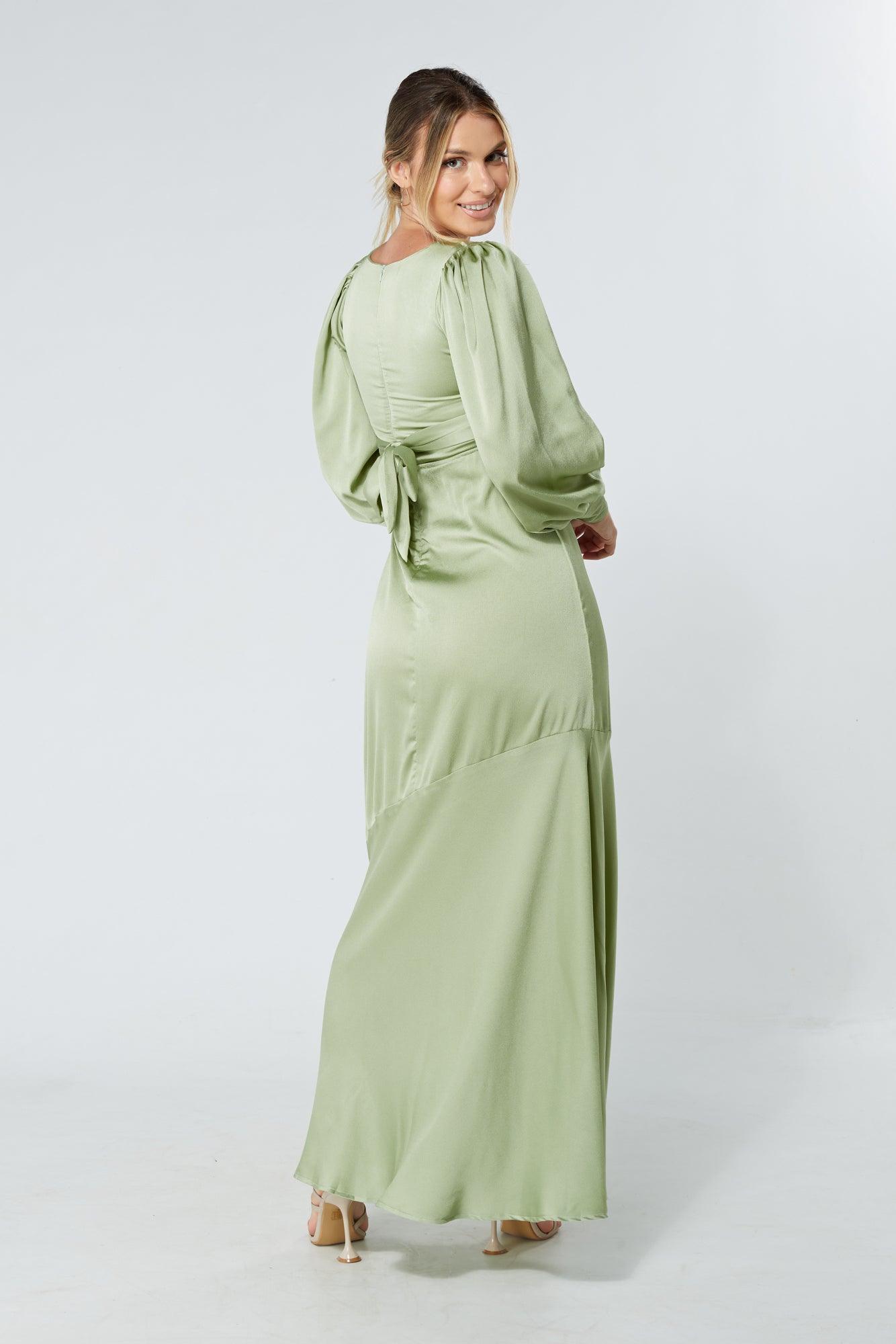 Naomi Olive Green Light Satin Crepe Maxi Dress With Long Sleeves TAHLIRA