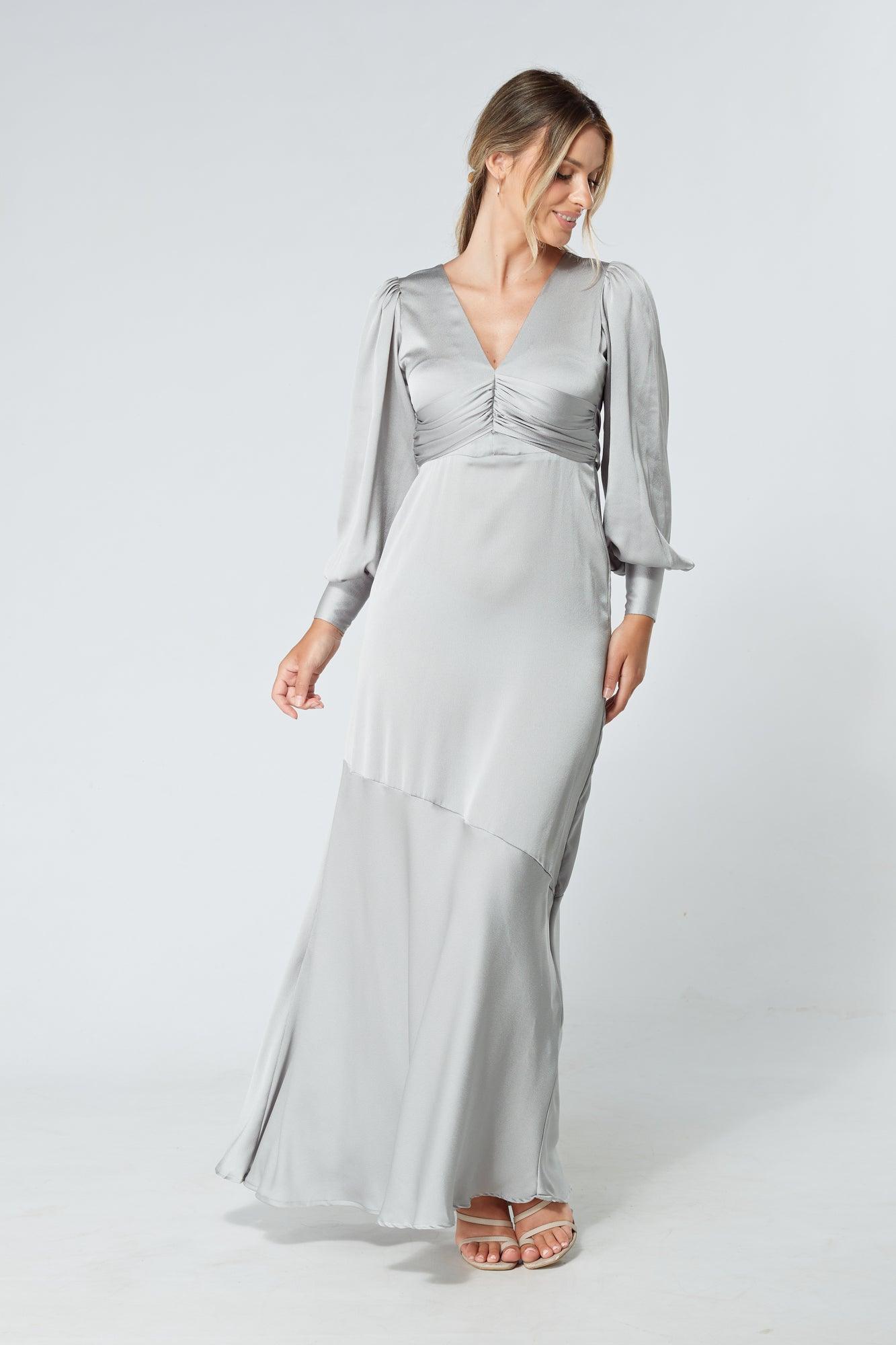 Naomi Silver Light Satin Crepe Maxi Dress With Long Sleeves TAHLIRA