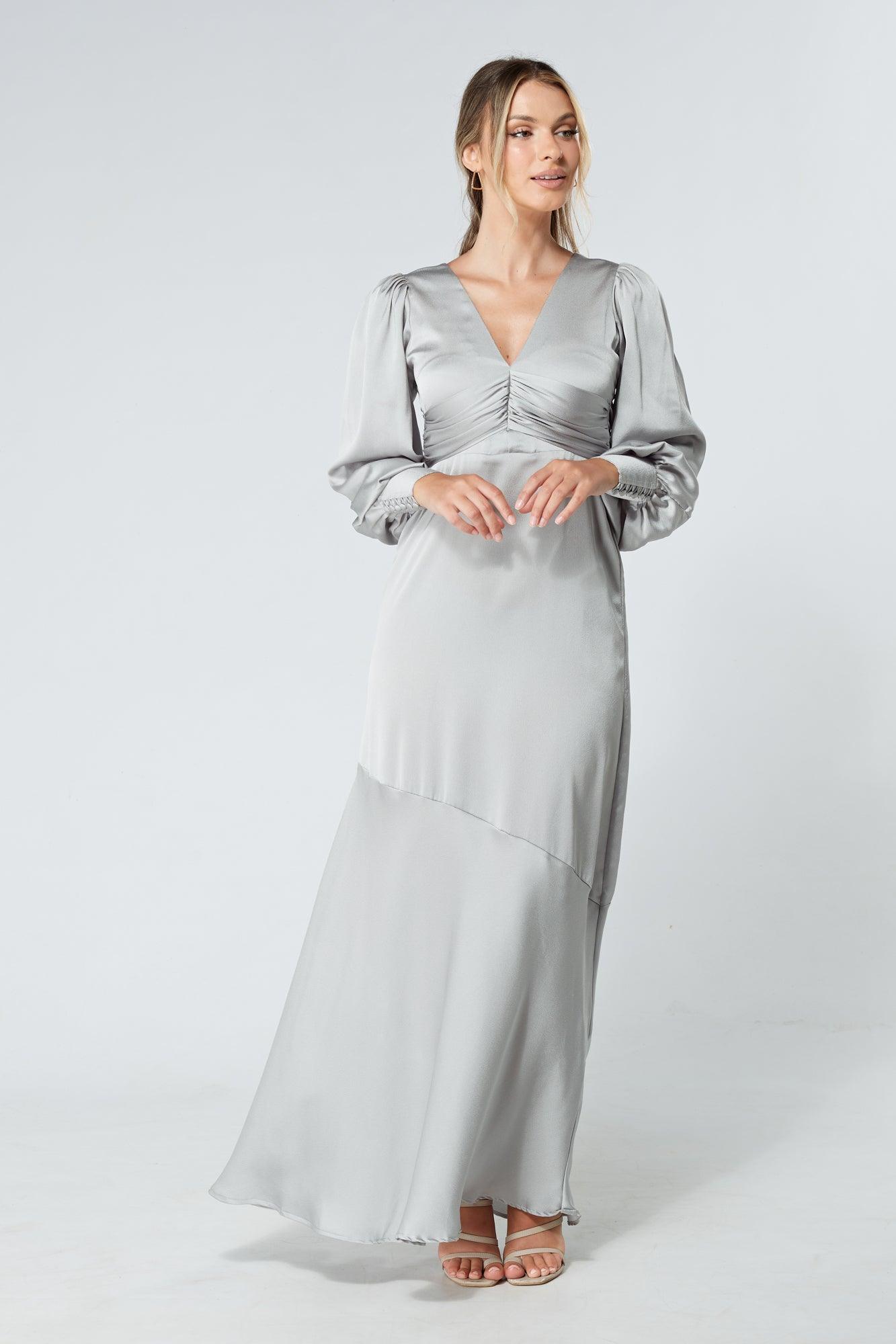 Naomi Silver Light Satin Crepe Maxi Dress With Long Sleeves TAHLIRA