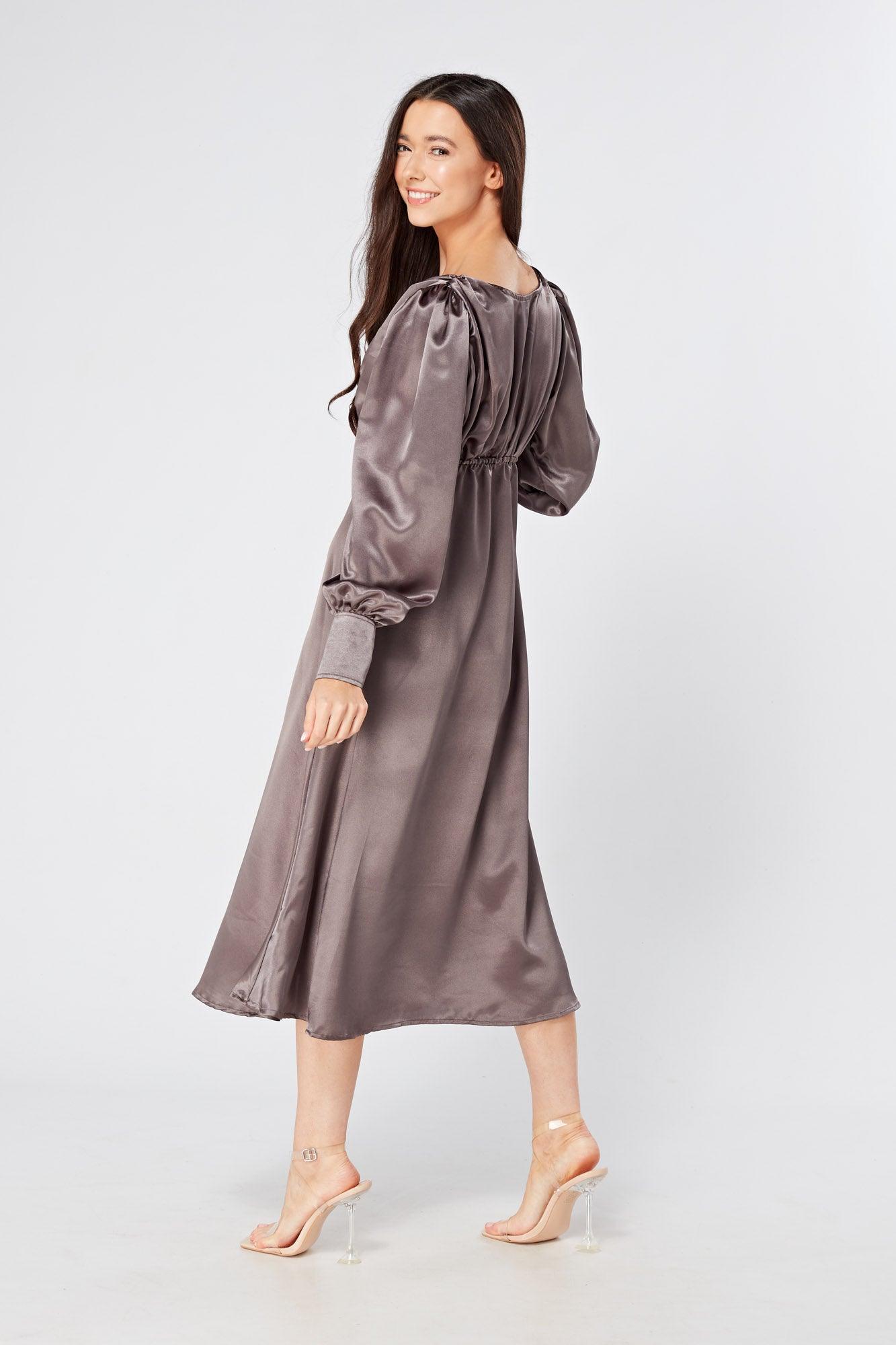 Zara Deep Grey Premium Satin Effect Midi Dress With Long Sleeves - TAHLIRA