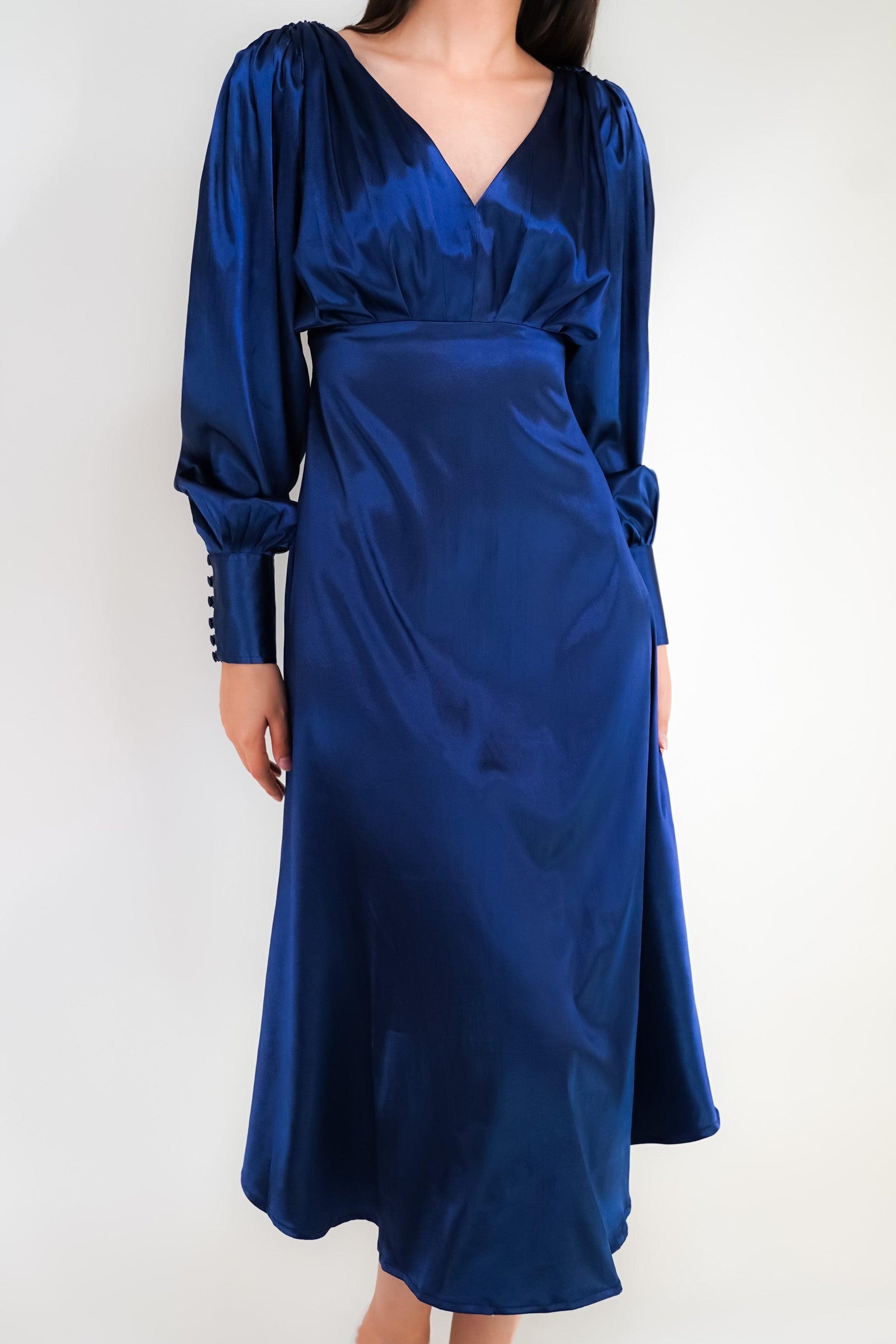 Shops Celeste Slate Blue Satin Midi Dress / One Shoulder Tea Length Dress / Side Ruched and High low detail dress