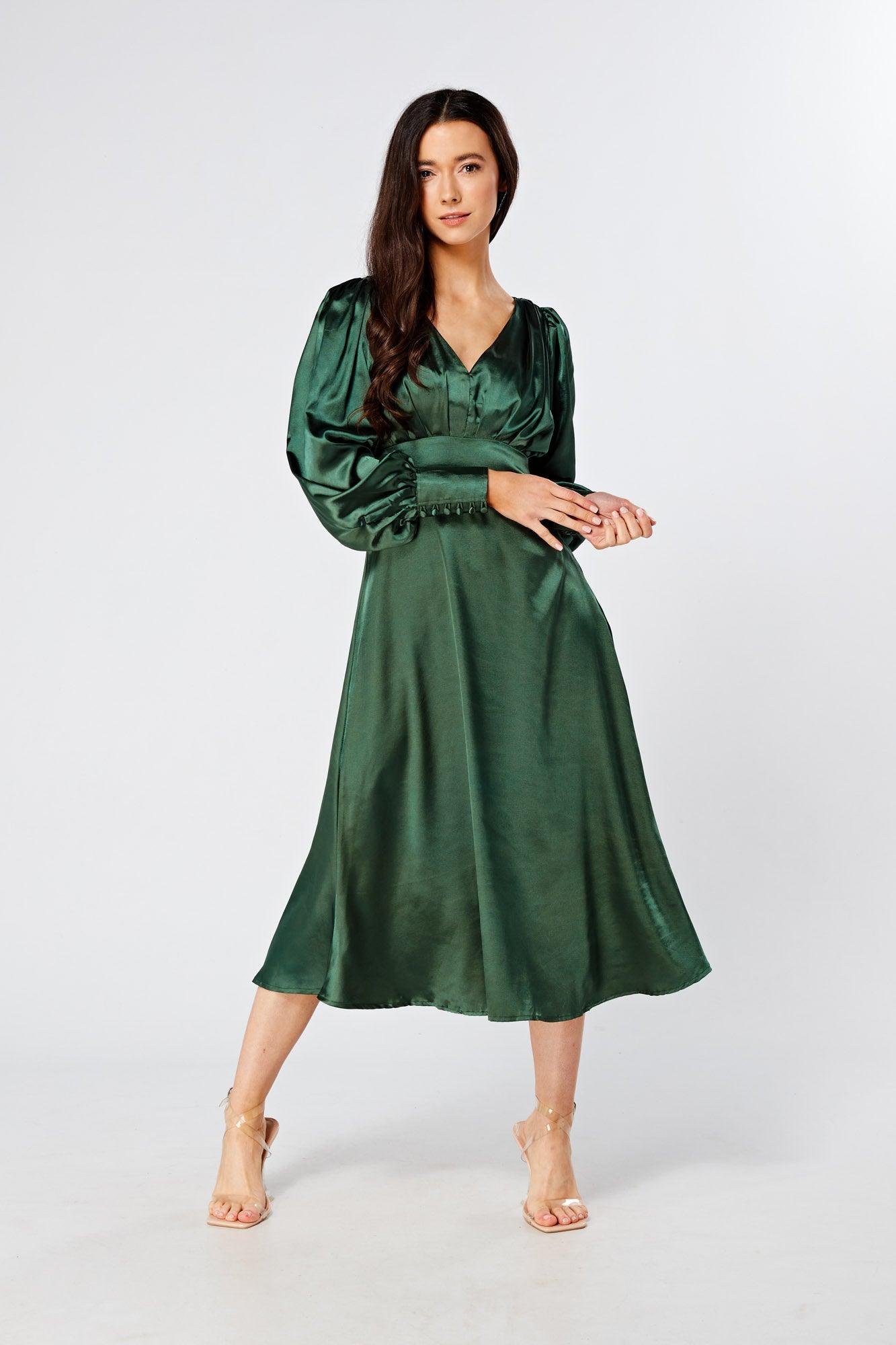 Kiara Jade Green Premium Satin Midi Dress With Long Sleeves - TAHLIRA