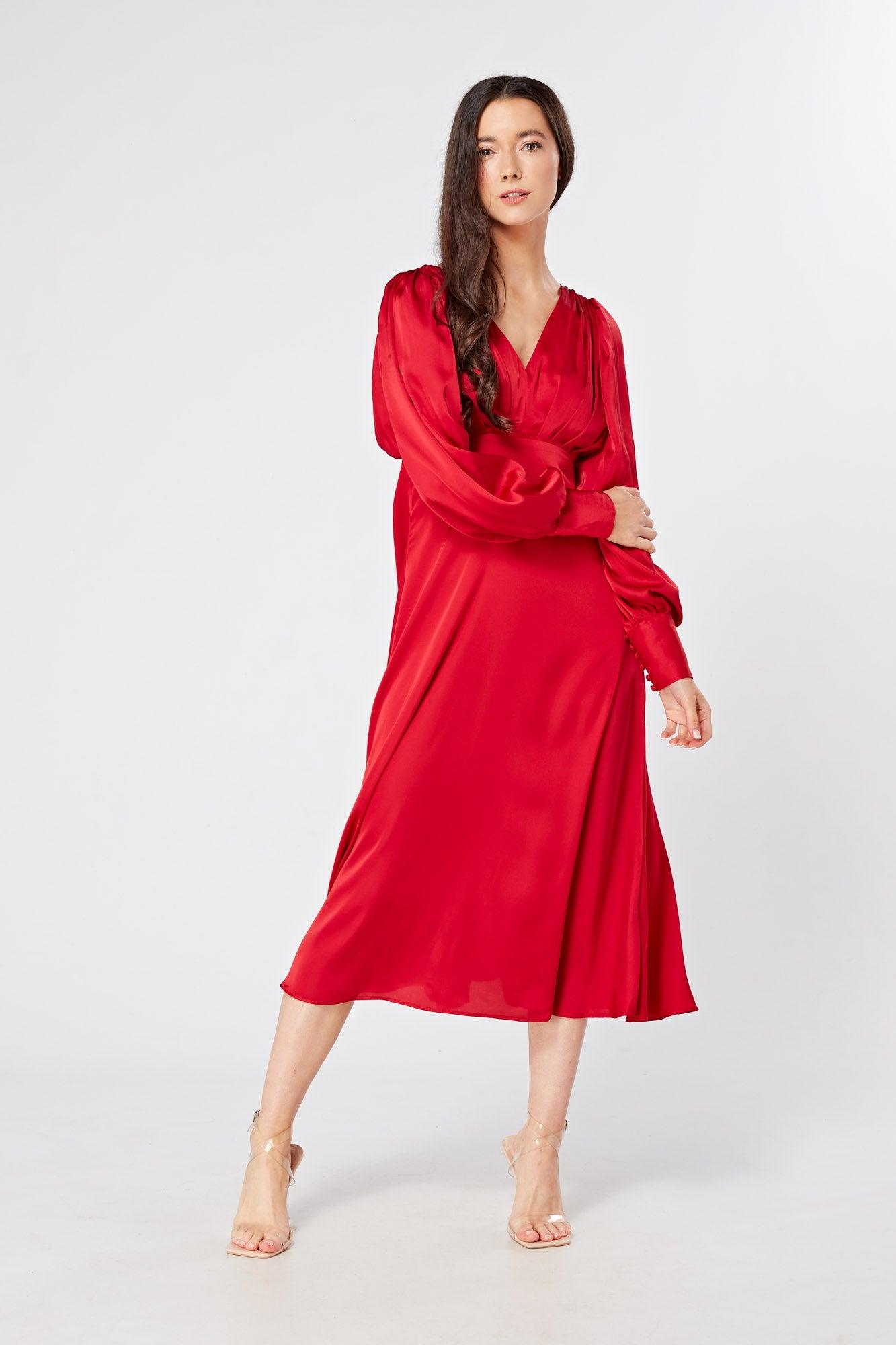 Valentia Scarlet Red Luxury Matt Satin Midi Dress With Long Sleeves TAHLIRA