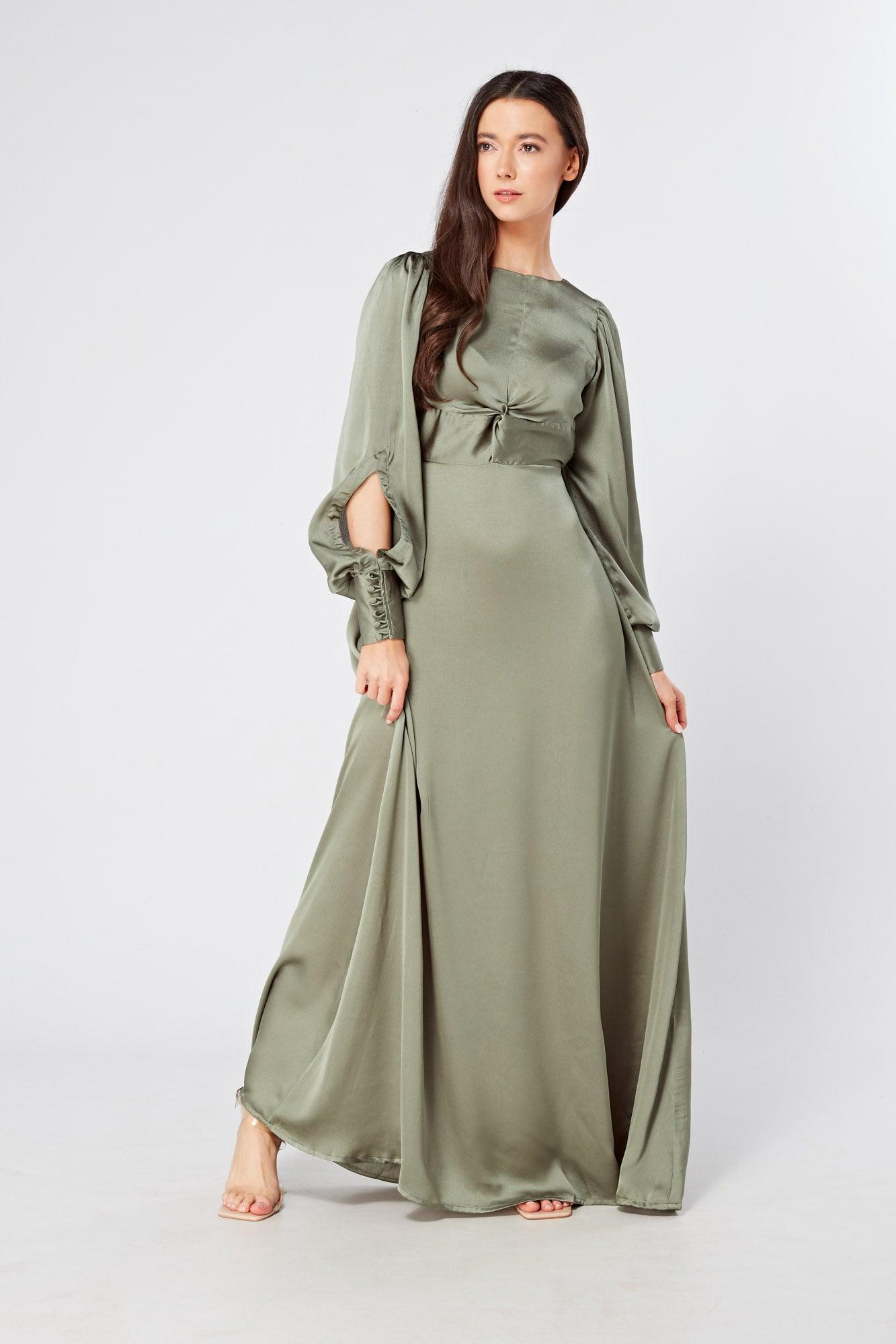 Olivia Sea Green Knotted Front Soft Crepe Maxi Dress - TAHLIRA