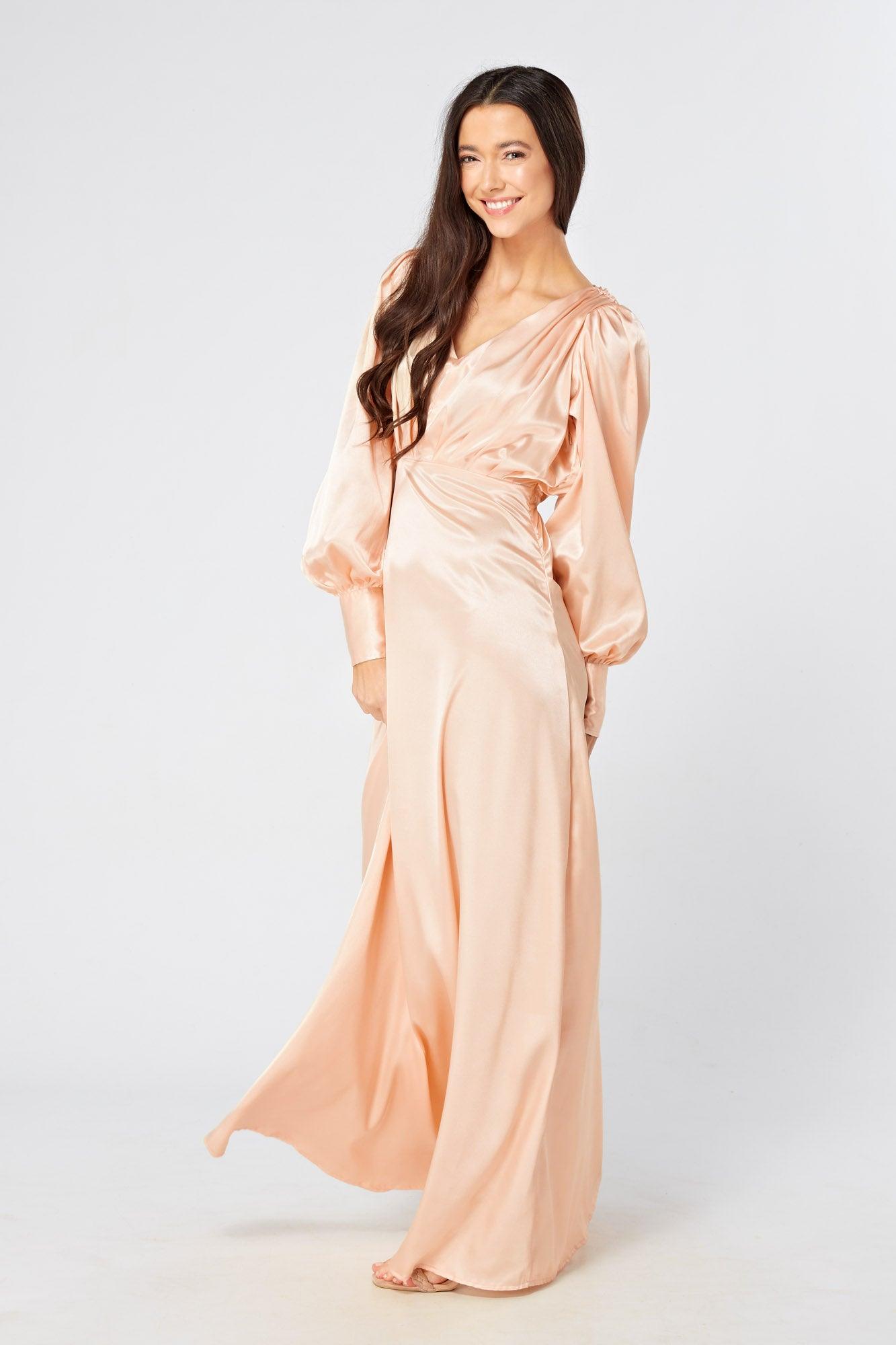 Outlet Daphne Peach Cream Satin Maxi Gown with Long Sleeves