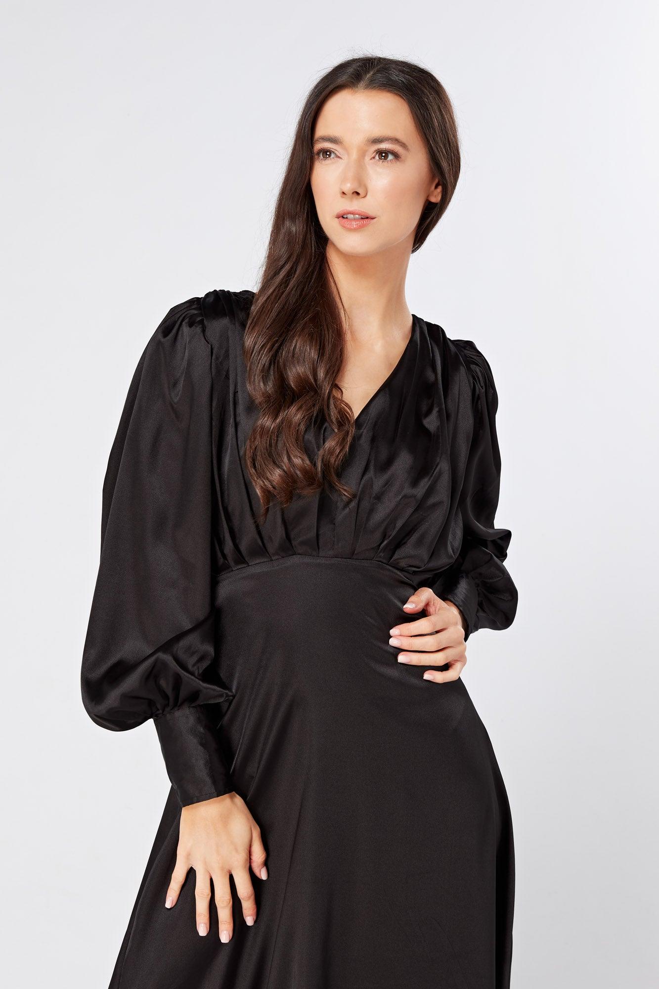 Black satin long outlet sleeve dress