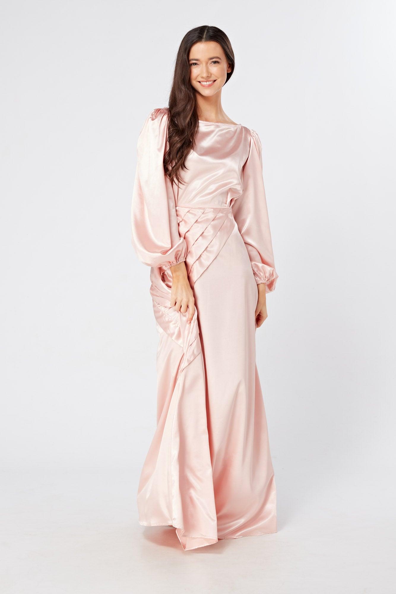 Long sleeve pink satin cheap dress